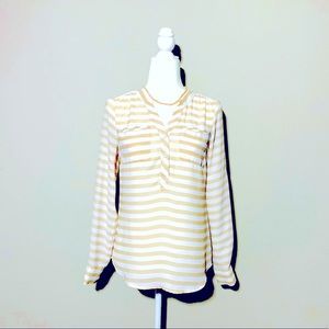 New York & Company Tan & White V-Neck Stripe Shirt